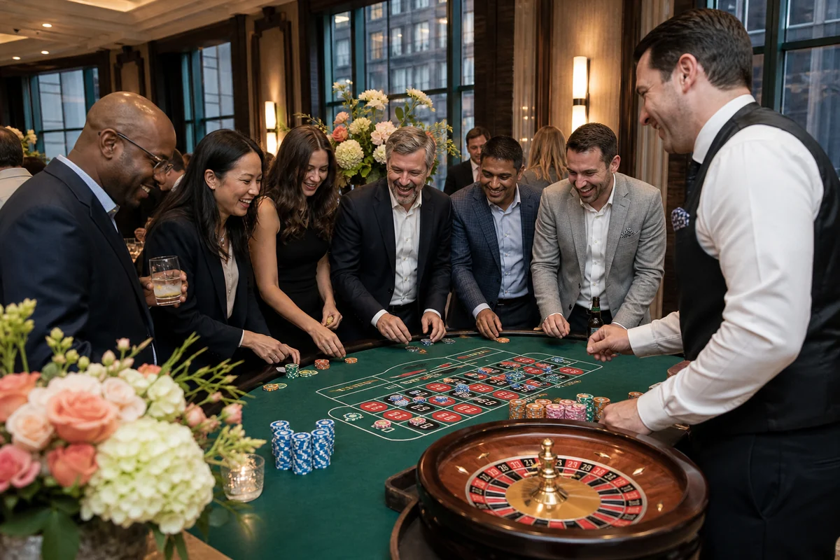 Corporate guests enjoying a play-money casino-themed event