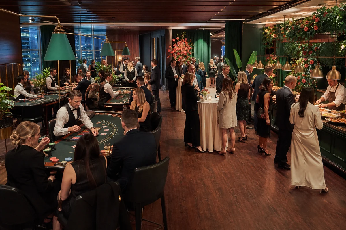 Corporate casino event with social and dining zones
