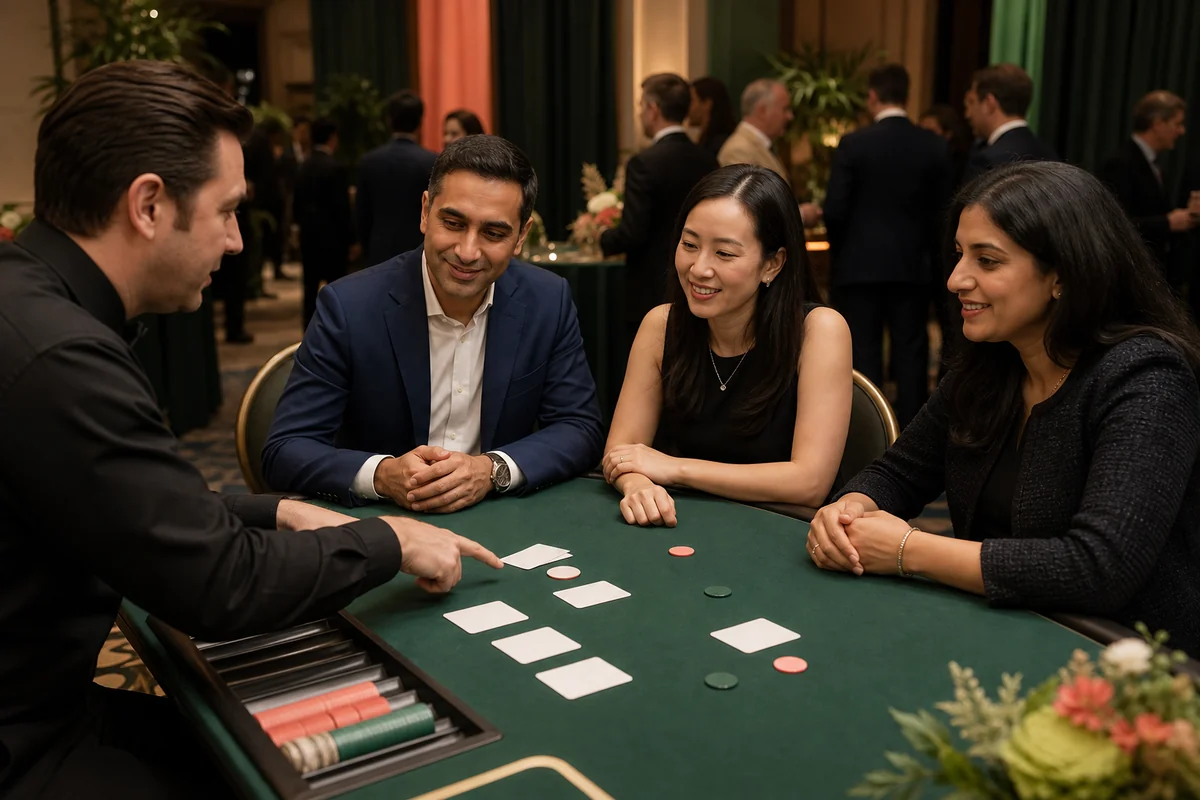 Professional dealer explaining a casino game to guests